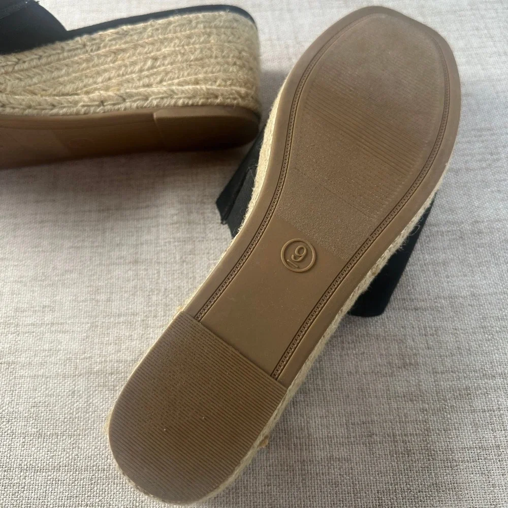 New Day Black Espadrille Wedge Slide Sandals Women's Size 9 Faux Suede